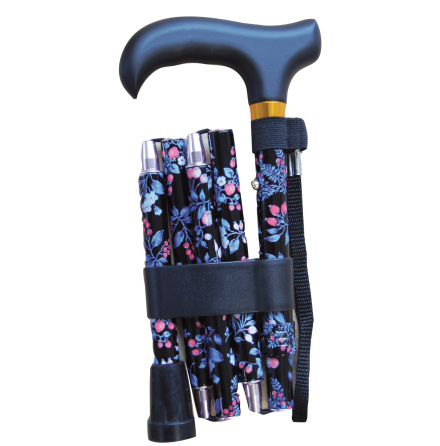 Hopfällbar käpp - svart med röda körsbär, handledsrem, 5-delad Hopfällbar käpp - svart med röda körsbär, handledsrem, 5-delad